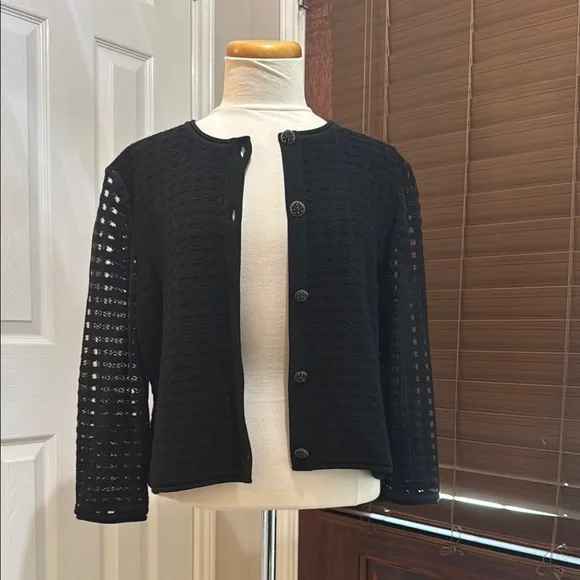 St. John Black Cardigan Sweater with Open Knit Lace Look Sleeves Size L - Picture 1 of 4